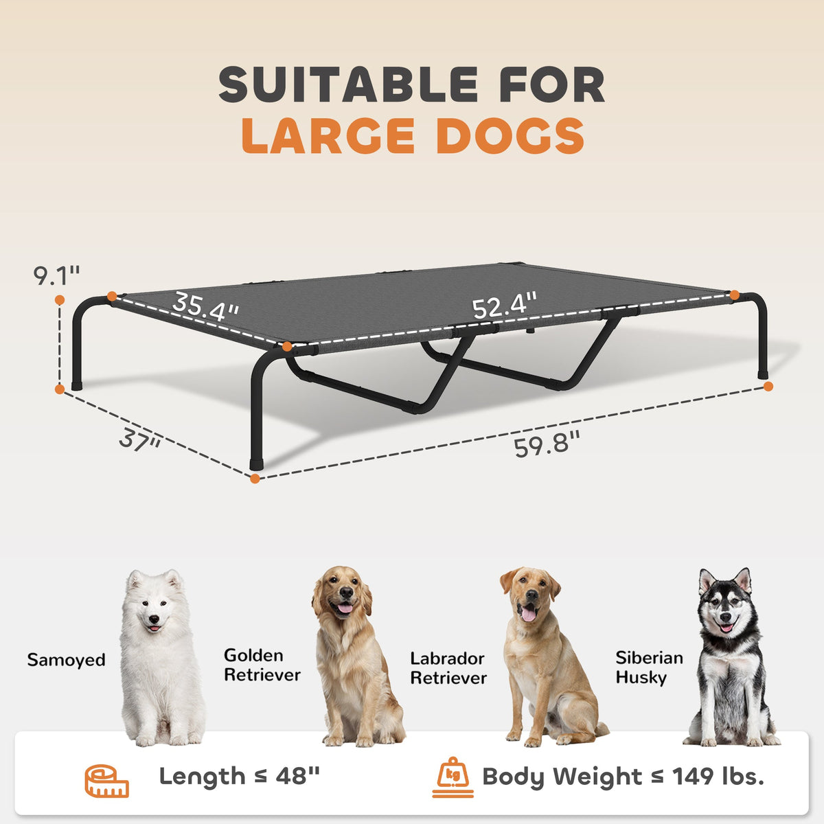 Elevated Dog Bed for Large Breeds Gray 60"L