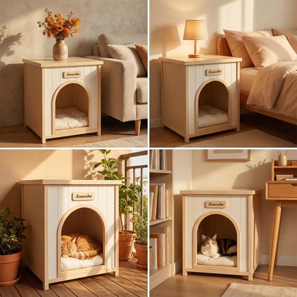 Modern Indoor Wooden Dog House with Removable Cushion – Solid Cedar Pet House for Small Dogs & Cats, Furniture-Grade Scandinavian Design