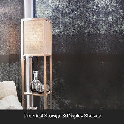 Brightech Maxwell - Modern Shelf Floor Lamp with Lamp Shade and LED Bulb - Corner Display Floor Lamps with Shelves for Living Room, Bedroom and Office - Natural Wood