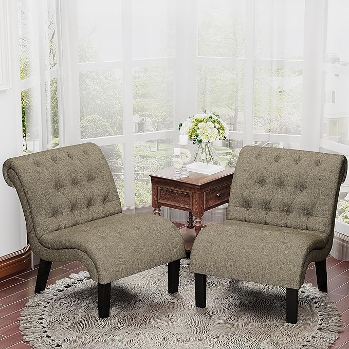 Yongqiang Accent Chairs Set of 2 Modern Armless Living Room Bedroom Side Chairs Button Tufted Upholstered Leisure Chair with Wood Legs