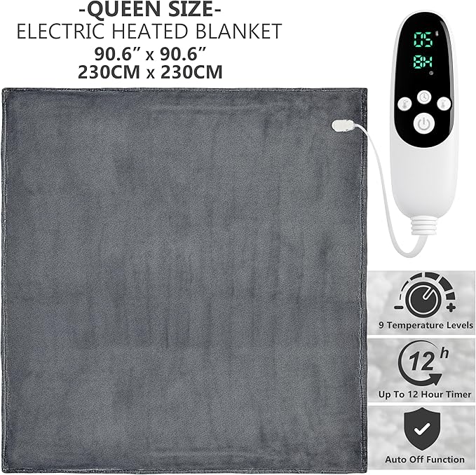 Heated Blanket Electric Luxurious Fleece Queen Blanket, 9 Heat Settings & 12H