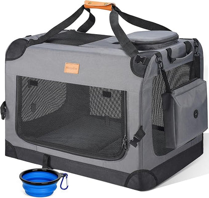 Morpilot 28-inch Portable Collapsible Dog Crate for Dogs up to 40lbs | Travel Dog Crate Soft-Sided for Small Medium Dogs, with Foldable Bowl, Shoulder Strap & Storage Pockets, Grey
