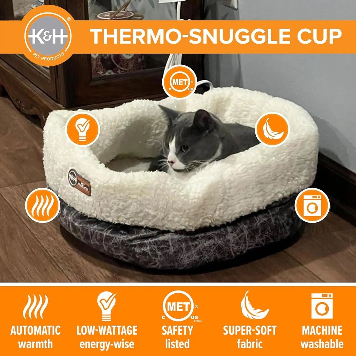 Heated Cat Bed with Removable Warmer, Soft Snuggle Cup, Washable, 14x18