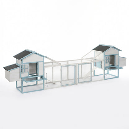 Large Wooden Chicken Coop with Double Nesting Boxes, Outdoor Walk-In Chicken Run with Waterproof Asphalt Roof, Fir Wood Poultry Cage with Pull-Out Dropping Trays, Blue & White Backyard Hen House