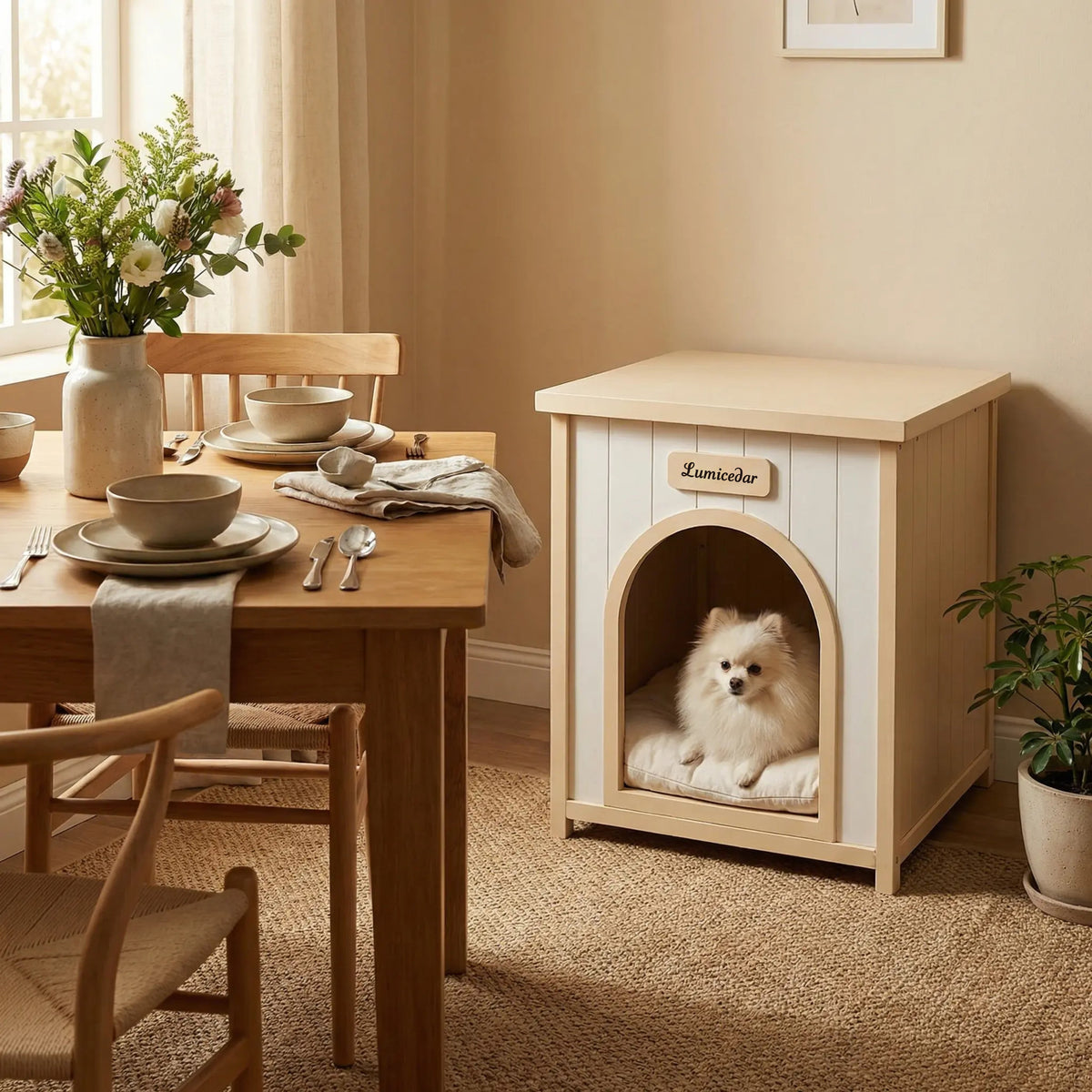 Modern Indoor Wooden Dog House with Removable Cushion – Solid Cedar Pet House for Small Dogs & Cats, Furniture-Grade Scandinavian Design
