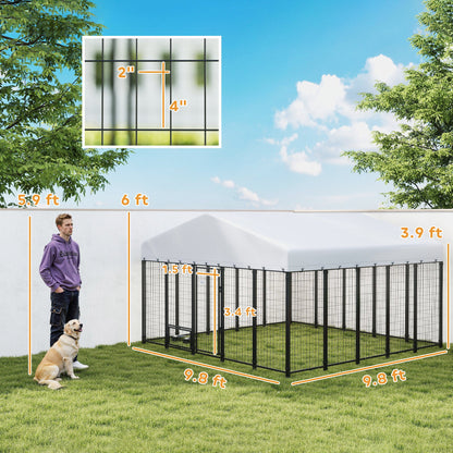 9.8 x 9.8 x 6 Outdoor Dog Kennel, Dog Kennel Outside Run with 360° Rotating Bowls, Waterproof & UV Resistant Cover