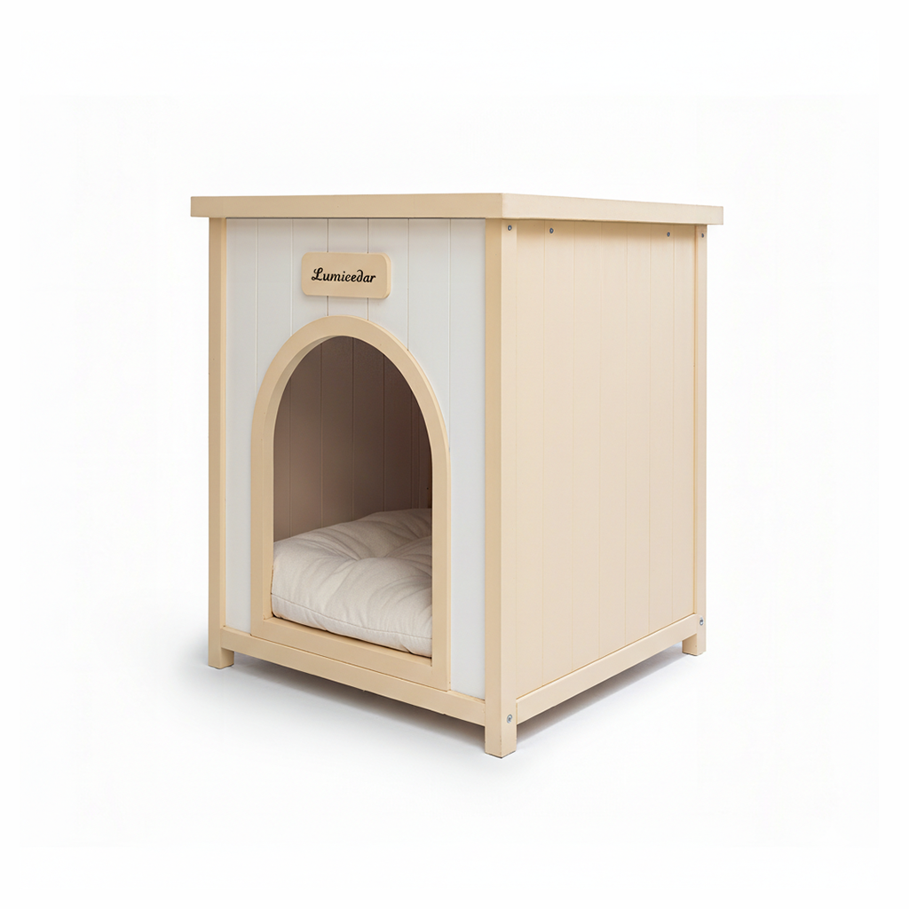 Modern Indoor Wooden Dog House with Removable Cushion – Solid Cedar Pet House for Small Dogs & Cats, Furniture-Grade Scandinavian Design