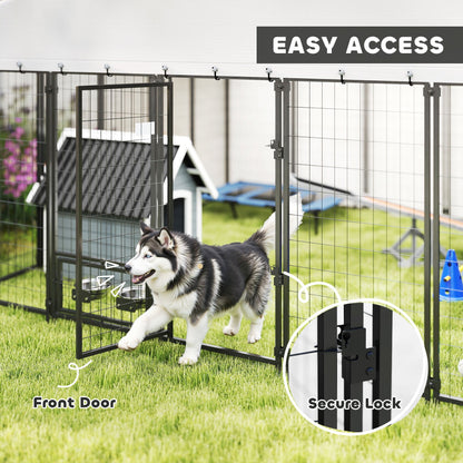 9.8 x 9.8 x 6 Outdoor Dog Kennel, Dog Kennel Outside Run with 360° Rotating Bowls, Waterproof & UV Resistant Cover